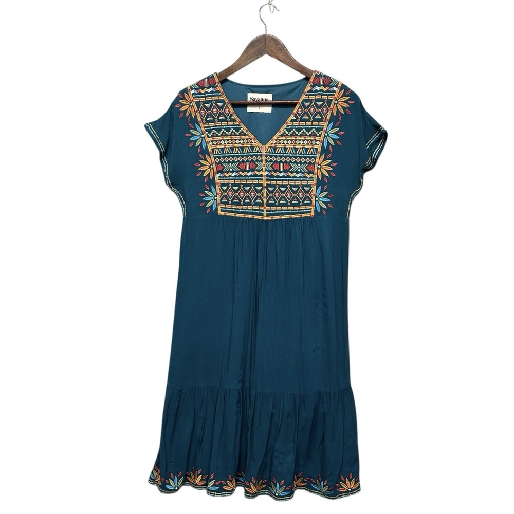 Savanna Jane Mini Dress Womens Size S Teal Cap Sleeve V-Neck Embroidered Boho